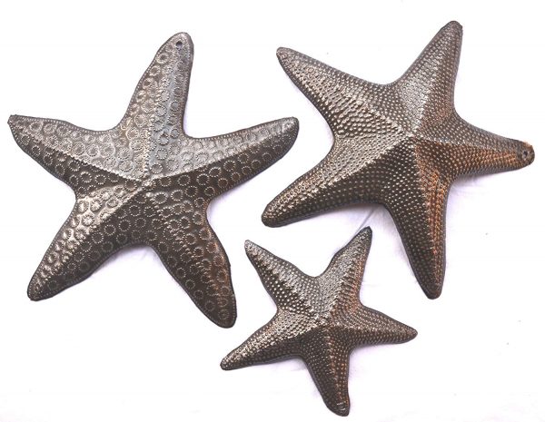Starfish, Set of 3, Sea Life Nautical Home Decor, Recycled Wall Art 8x8 and 5x5 Inches, Haitian, Decorative, Plaque